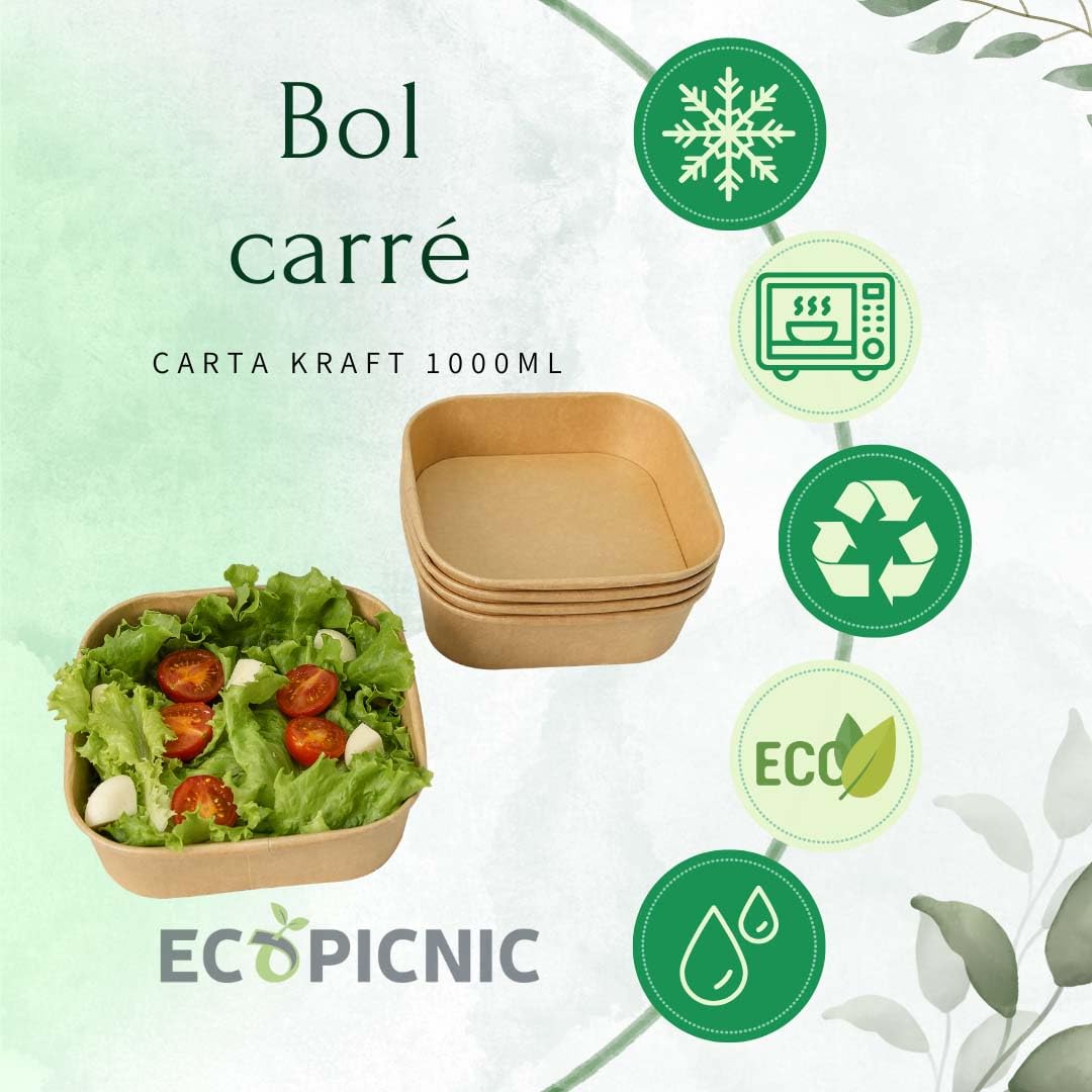 Lot de 50 saladiers carré 1000 ML jetables | Barquettes Alimentaires sans Couvercle pour salades, Repas à emporter, Plats Chauds ou froids, Emballage écologique en Carton