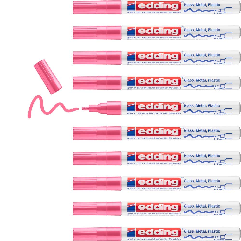 edding 751 marquer peinture brillante - pink - 10 feutres peinture brillante - pointe ronde 1-2mm - pour dessin, coloriage, scrapbooking - étanche, très opaque