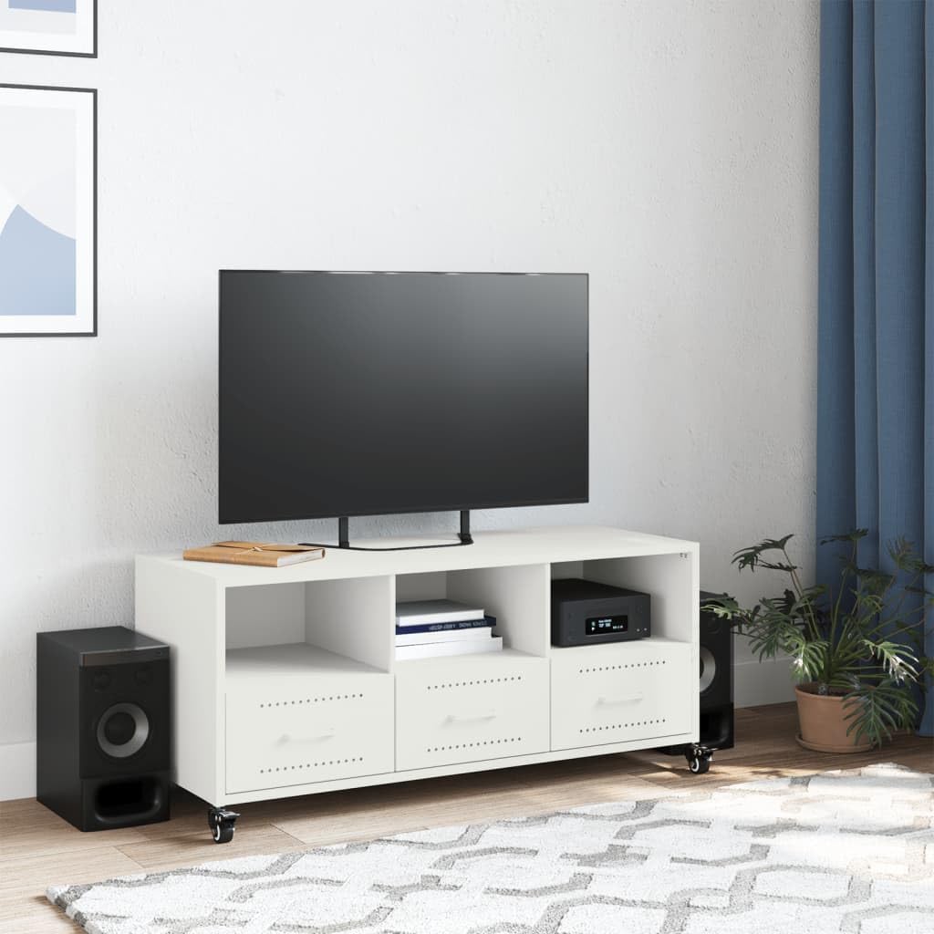 Mueble de TV blanco de acero laminado en frío, 100,5 x 39 x 43,5 cm, con 3 cajones y 3 compartimentos, con ruedas, mueble versátil para salón, dormitorio, cine en casa