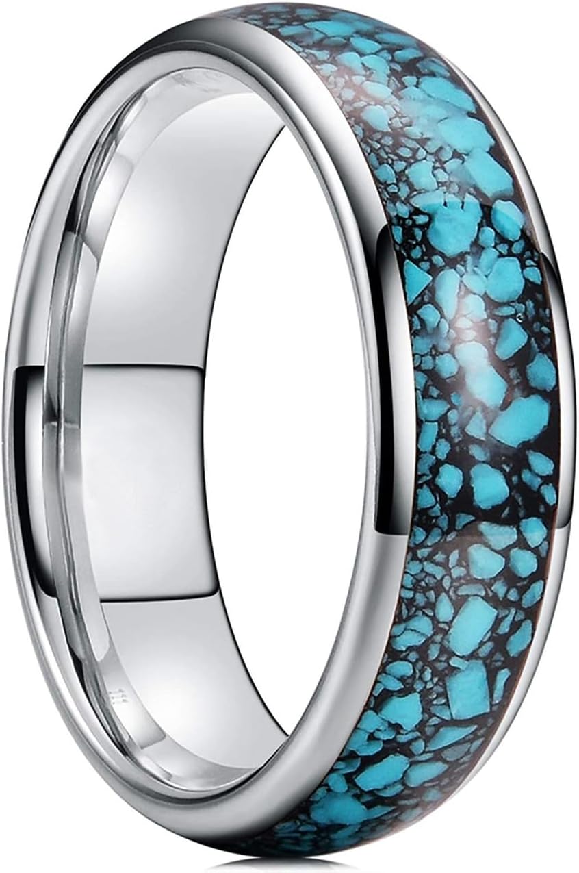 (6mm) Unisex, Women's or Men's Tungsten Carbide Wedding Ring Band. Couple's Domed Silver Tone Ring with Blue Turquoise Granules Inlay.