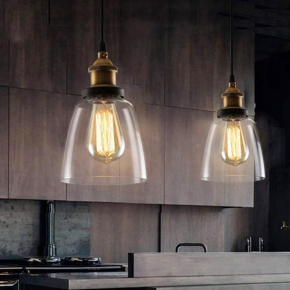 Retro Lampada a sospensione in vetro Lampada da soffitto per cucina con ombrello in vetro Lampadario regolabile Base E27 plafoniera Soffitto paralume per bar ristorante corridoio cucina Soggiorno (D)