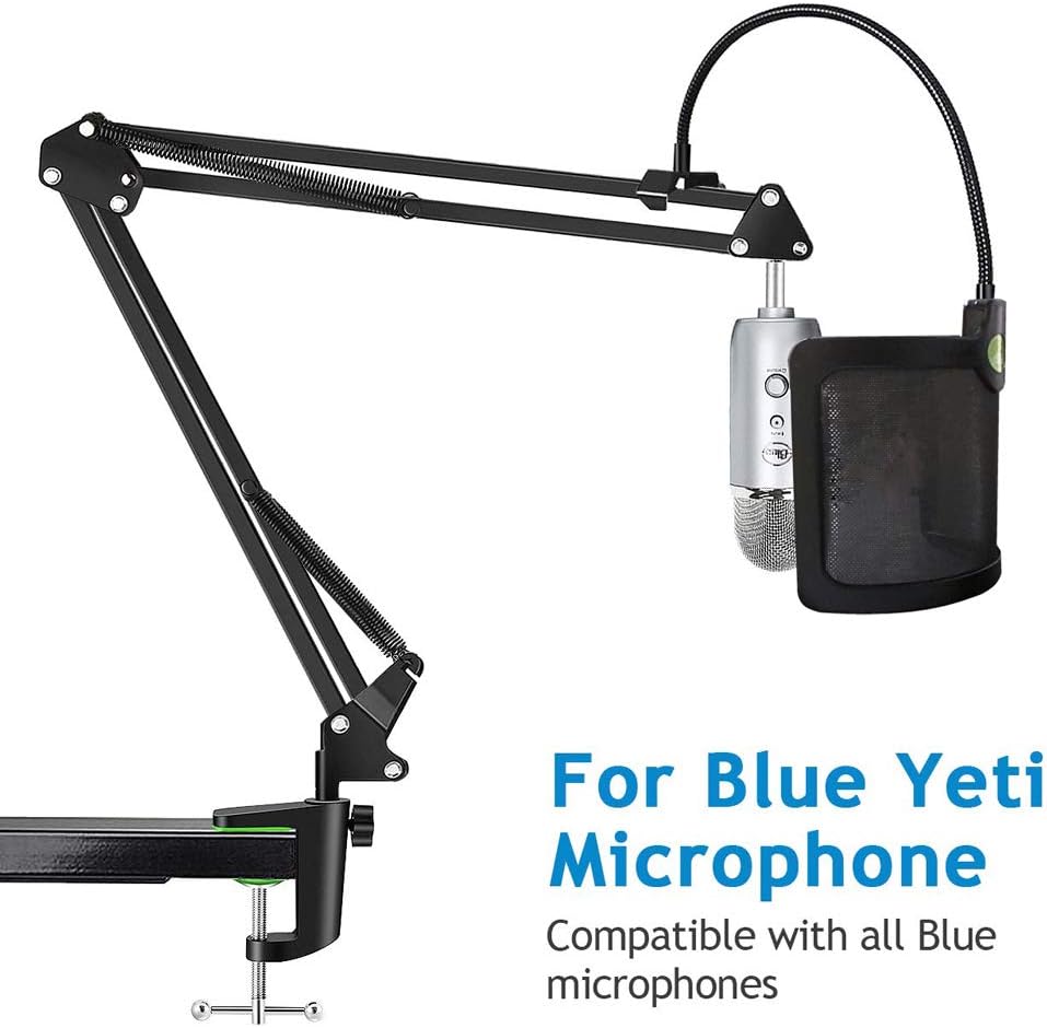 Etubby [Heavy Duty] Microphone Stand with U-shaped Steel Mesh Mic Pop Filter, Suspension Boom Scissor Arm Stand Mic Clip Holder for Blue Yeti, Snowball & Other Mic in Recording, Broadcasting, Etc.