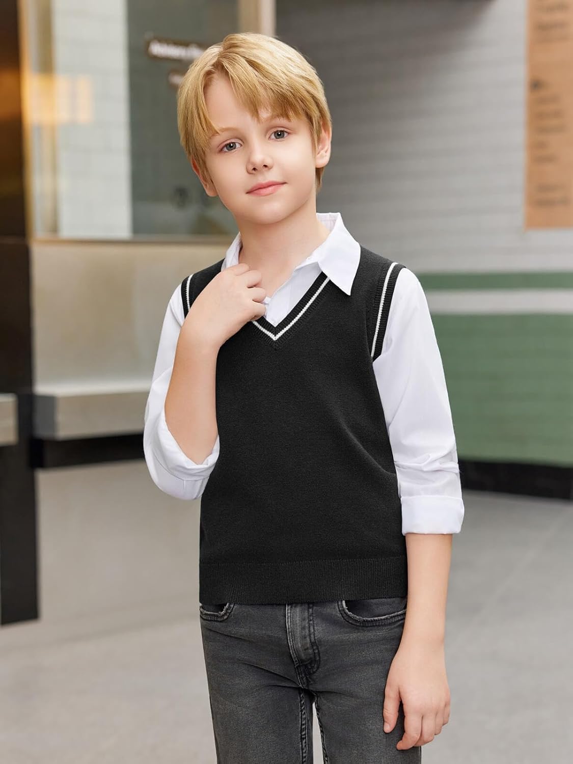 Haloumoning Boys Sweater Vest Kids Uniform Vest Casual V Neck Knit Pullover Sweater 5-14Y - Image 6