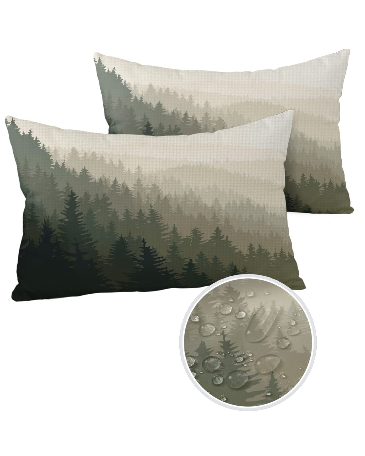 Segard Outdoor Waterproof Throw Pillow Covers 2 Pack Misty Forest Mountain Silhouette Rectangle Couch Sofa Cushion Cases Nature Trees Landscape Pillowcase Shell for Patio Garden Home Decor 20x12in