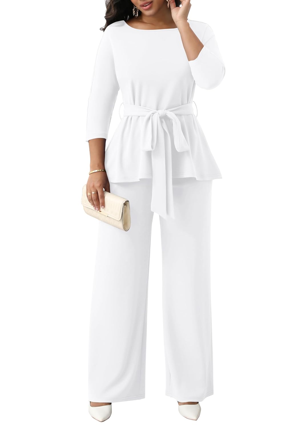 CLOCOR Women's 2 Piece Outfits Suit Set 3/4 Sleeve Peplum Top Flared Pants Sets Business Pantsuits - Review, Price and Buying Guide