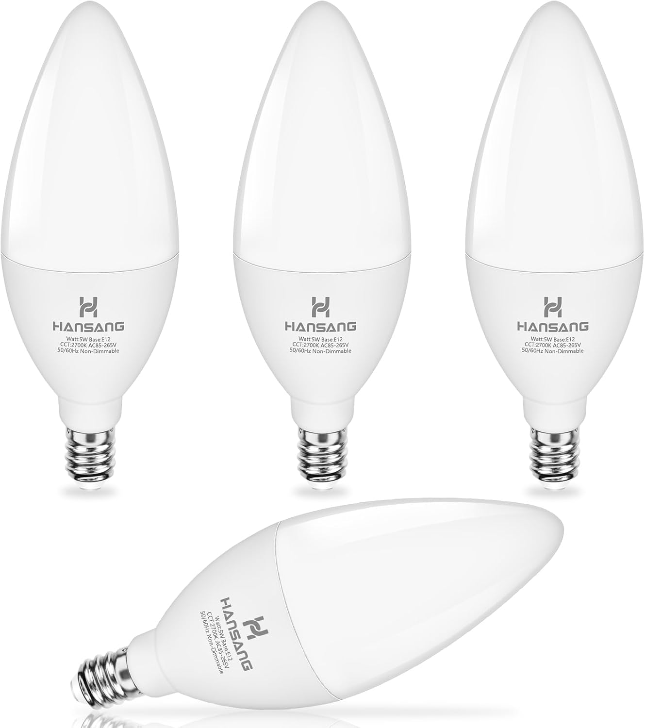 hansang E12 Candelabra LED Bulbs 2700K Warm White, 60Watt Equivalent, Type B Light Bulb for Chandelier, 5W B11 Ceiling Fan Light Bulbs Small Base, 500LM, 120V, Non-dimmable, 4 Pack
