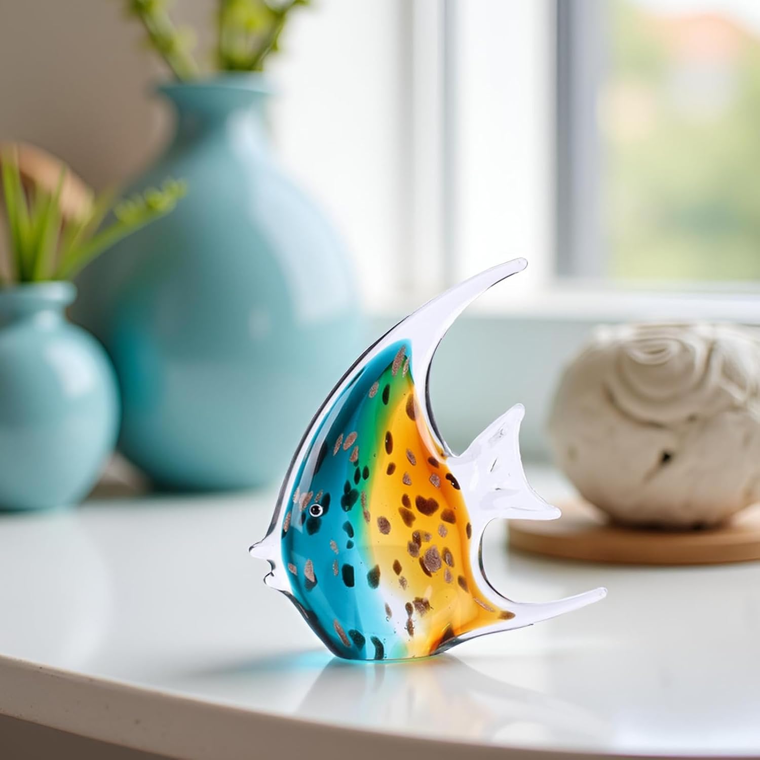 Hand Blown Glass Fish Figurines,Sea Glass Art Figurines Ornament,Tropical Fish Paperweights,Coastal Beach Room Decor,Colorful Aesthetics Home Decor for Bookshelf,Office,Living Room (Green Brown) - Image 4