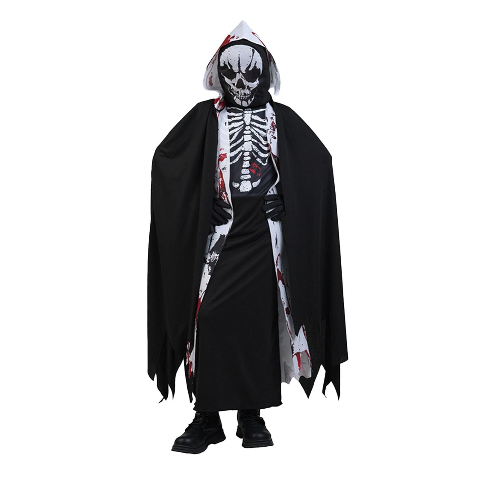 Costume di Halloween per bambini, costume da scheletro spaventoso, set di abbigliamento con vestaglia, mantello, maschera a teschio e guanti per Halloween, carnevale, cosplay e feste