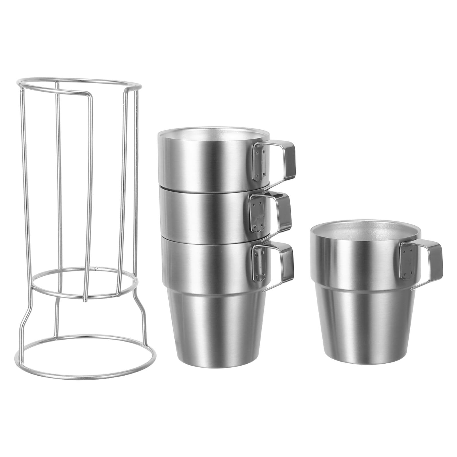 Healeved Tazas de Acero Inoxidable para Set de 4 Unidades de 300 Ml con Doble Pared Aislante y Asas Cómodas Incluye Soporte Apilable para Bebidas Frías y Calientes Adecuado para