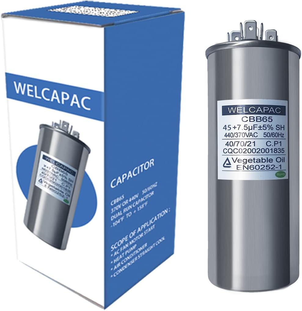 Capacitor ac 45+7.5 uF 45/7.5MFD ±6% 370V/440VAC CBB65 Dual Run Circular Start Capacitor for AC Motor Run or Fan Start or Condenser Straight (45+7.5 MFD)