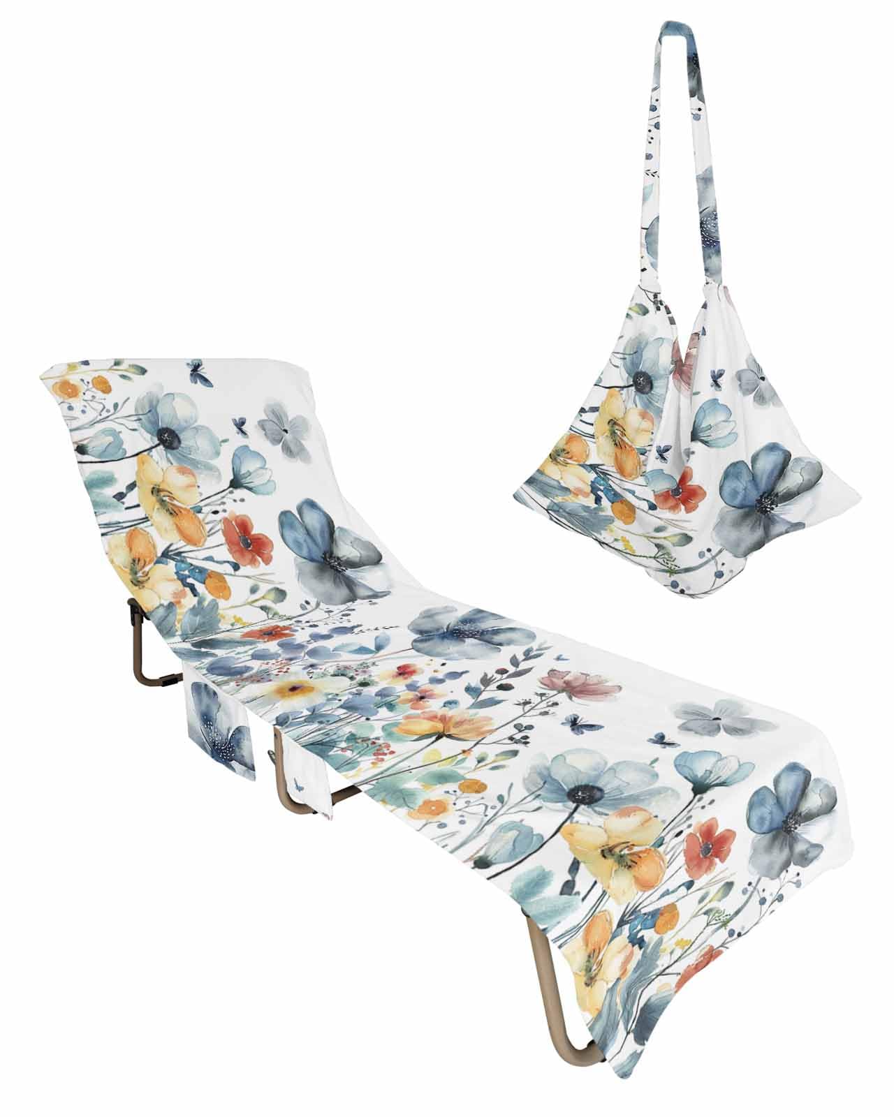 Beach Pool Patio Lounge Chaise Chair Cover Towel With Pockets,Blue Floral Absorbent & Quick Dry Microfiber Towel Cover Bag Summer Travel Accessories Elegant Eucalyptus Flower Herb Botanical Watercolor