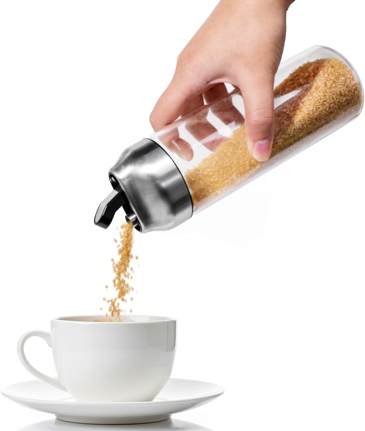 Large Sugar Dispenser Shaker Sets, 14 OZ Glass Sugar Container with Pour Spout for Coffee, Tea, Milk, 2 Pack