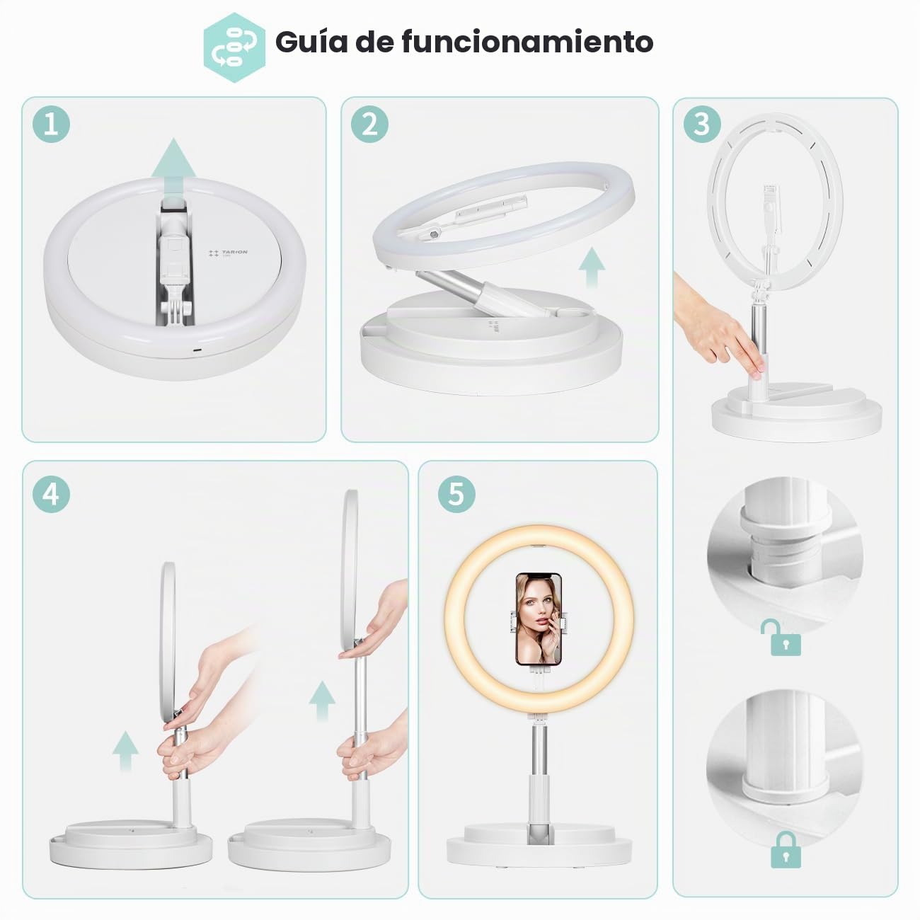 TARION Anillo de luz con Soporte: Anillo de luz LED de Escritorio de 11.8 Pulgadas con Soporte para teléfono, Anillo de iluminación Plegable para Selfie, Foto, videoconferencia, Maquillaje,