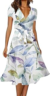 Generisch Vestido Sexy Casual Elegante Vestido de Color Sólido con Cuello en V Manga Corta y Estampado Floral Vestido Navidad Señoras Manga Larga