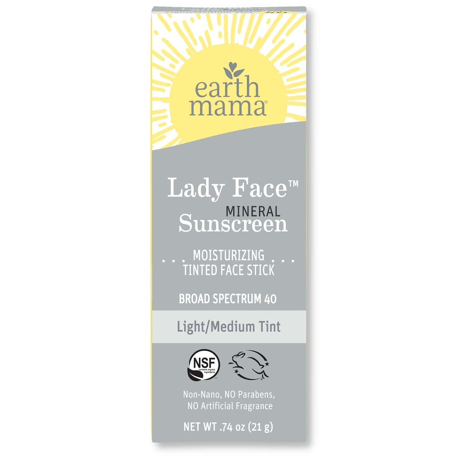 Earth Mama Lady Face® Tinted Mineral Sunscreen Face Stick SPF 40 Light/Medium Tint | Contains Organic Shea & Cocoa Butter | Foundation + Concealer Blends with Most Skin Tones