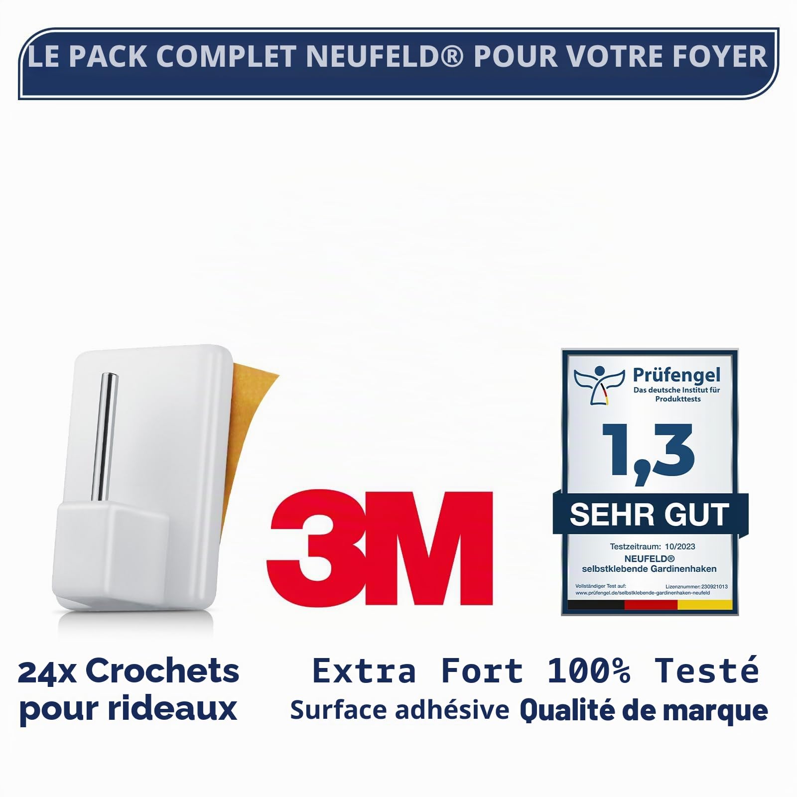Crochets adhésifs Neufeld Lot de 24 Blancs 3 m sans perçage pour Rideaux