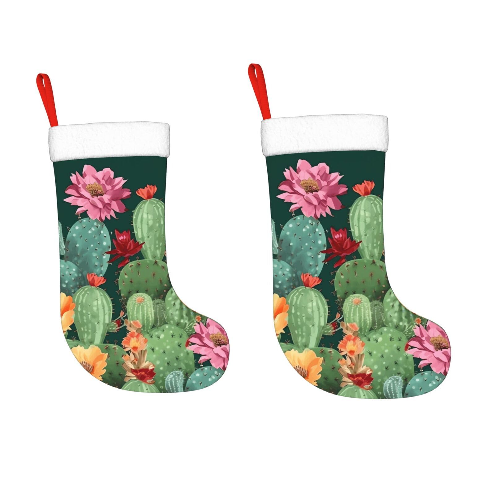 KLOPH 2 Pack 18 Inches Christmas Stockings Personalized Cactus Floral Bloom Xmas Stocking Hanging Decoration Fireplace Stocking for Holiday Xmas Tree Christmas Fireplace Decor Gifts