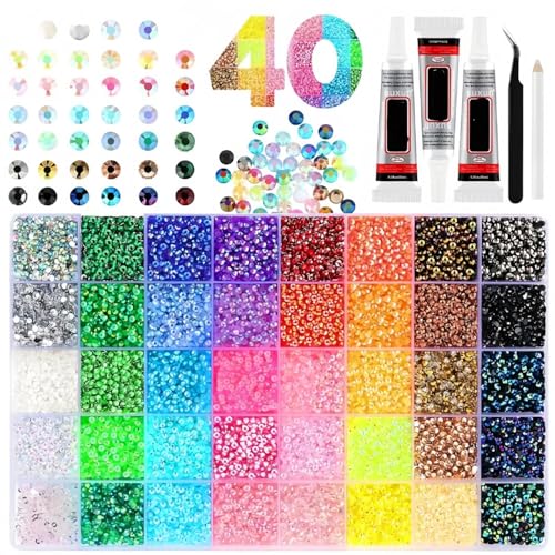 32000 Pcs Resin Rhinestones Kit 40 Colors 3mm Flatback Rhinestones with 3 Jewelry Glue & Tools All-in-One Bedazzling Kit for DIY Arts Shoes and Clothing Embellishments Crafts Nail Art & Gifts