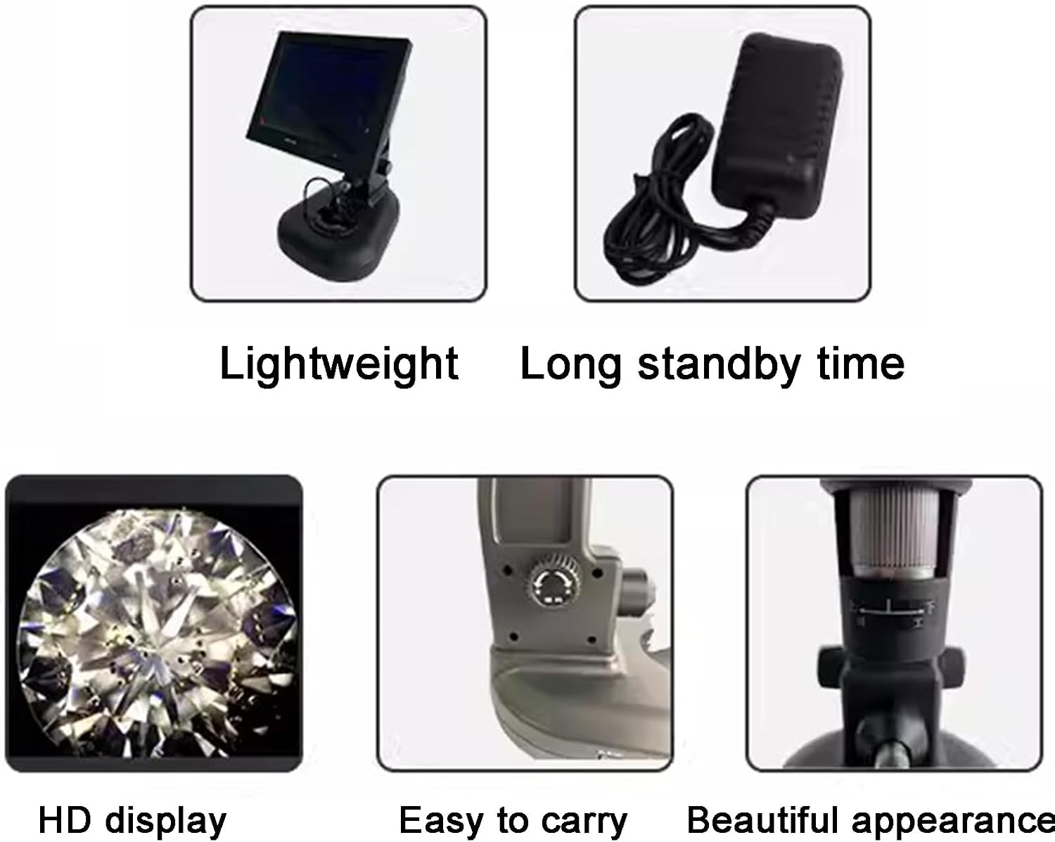 Diamond Inscription Viewer Magnifying, 40-80X Digital Microscope for Diamond Waist, Adjustable Focal Length, with 8 Inch LCD Screen and LED Fill Light, for Jewelry Testing