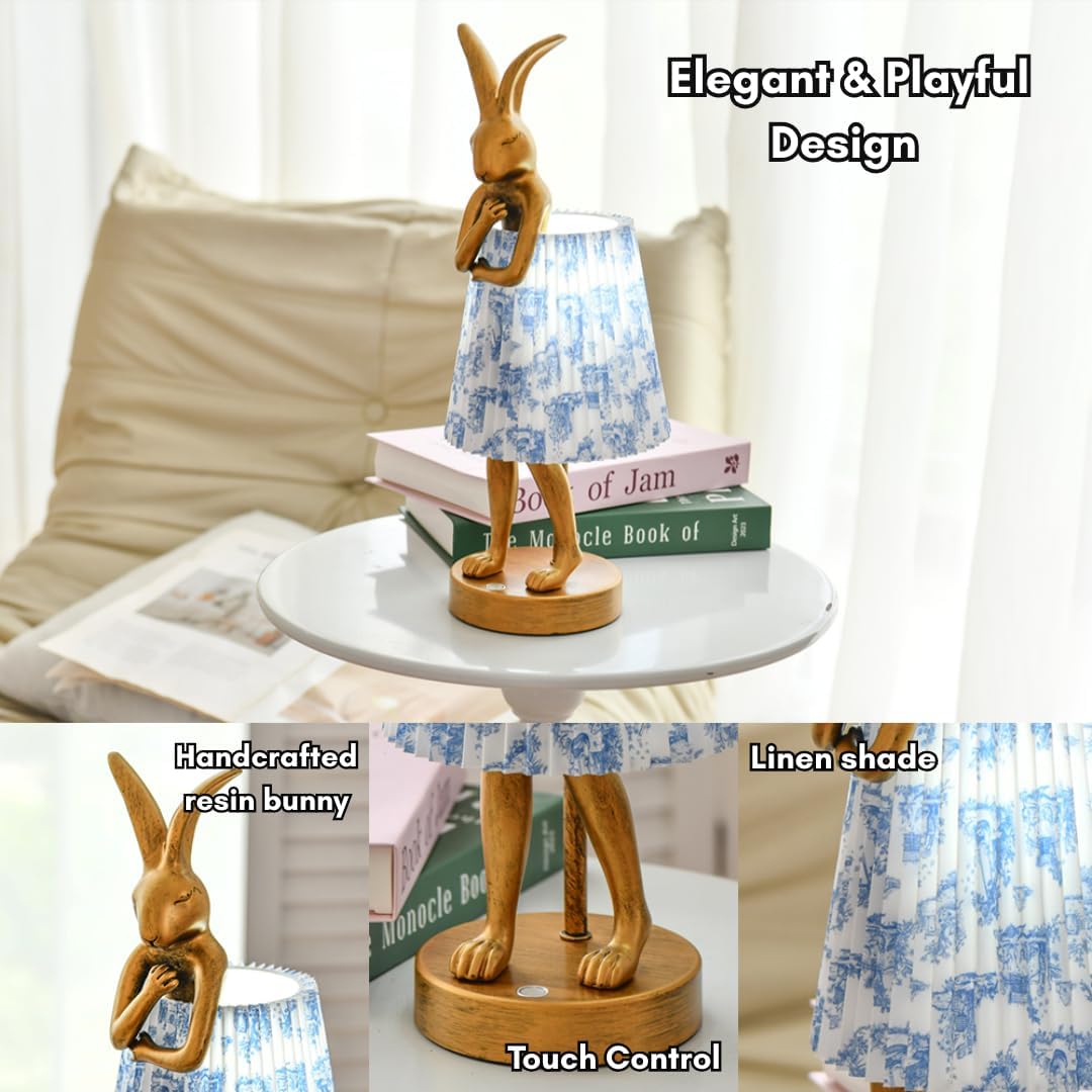 Rabbit Table Lamp Rechargeable, Cordless LED with Linen Shade and Gold Resin Base, Touch Dimmable Wireless Lamp for Bedroom Nightstand Kids Room Nursery Living Room - Pattern