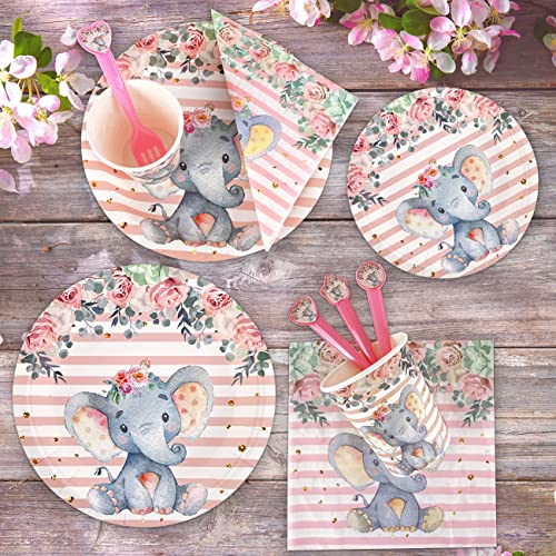 Elephant Baby Shower Decorations For Girl, Elephant Theme Tablecloths, Balloons, Backdrop, Banner, Plates, Napkins, Paper Cups, Forks For Birthday Party Decorations| Pink Grey White #TOP3
