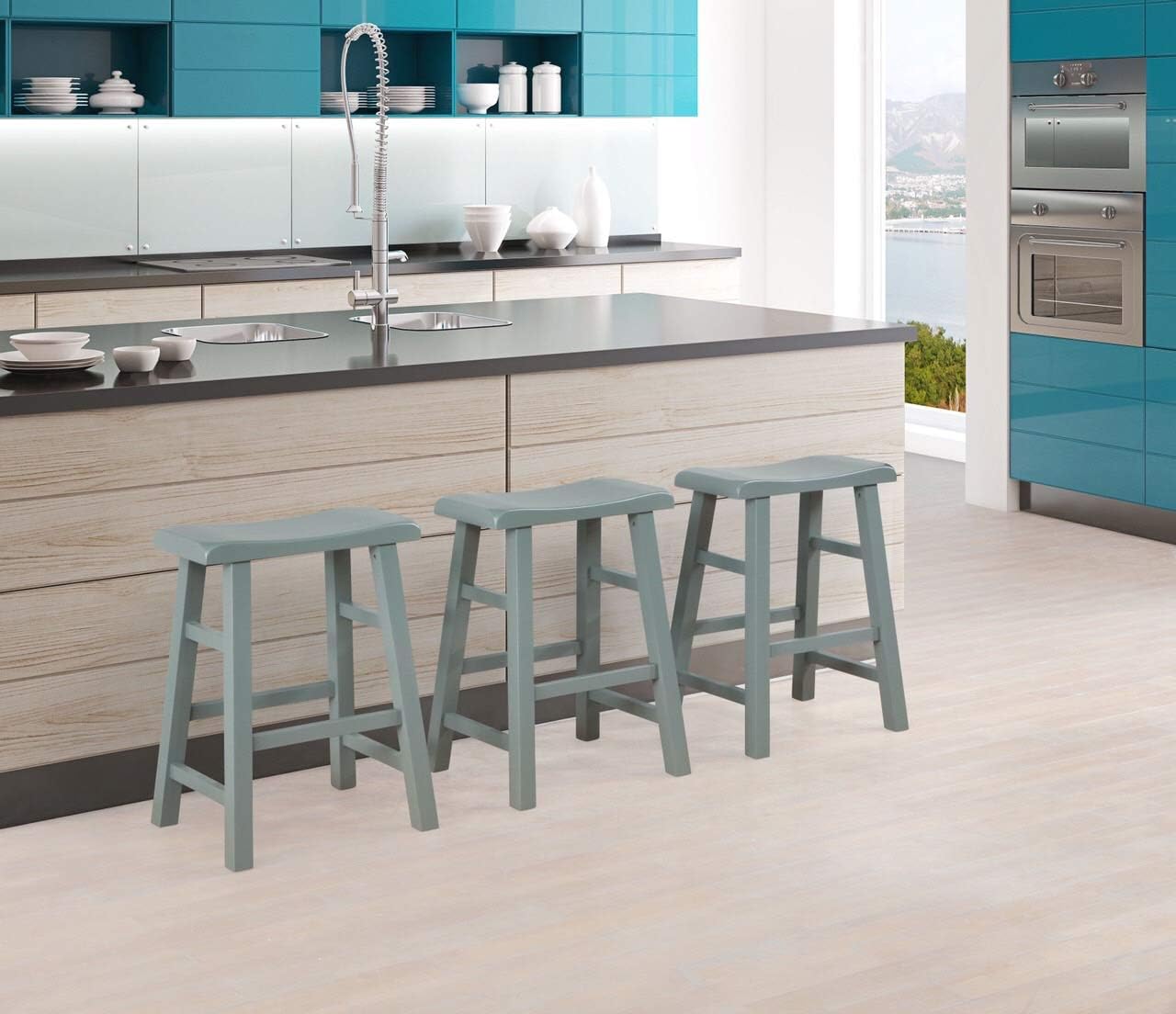 eHemco Heavy-Duty Solid Wood Saddle Seat Kitchen Counter Height Barstools, 24 Inches, Gray, Set of 3