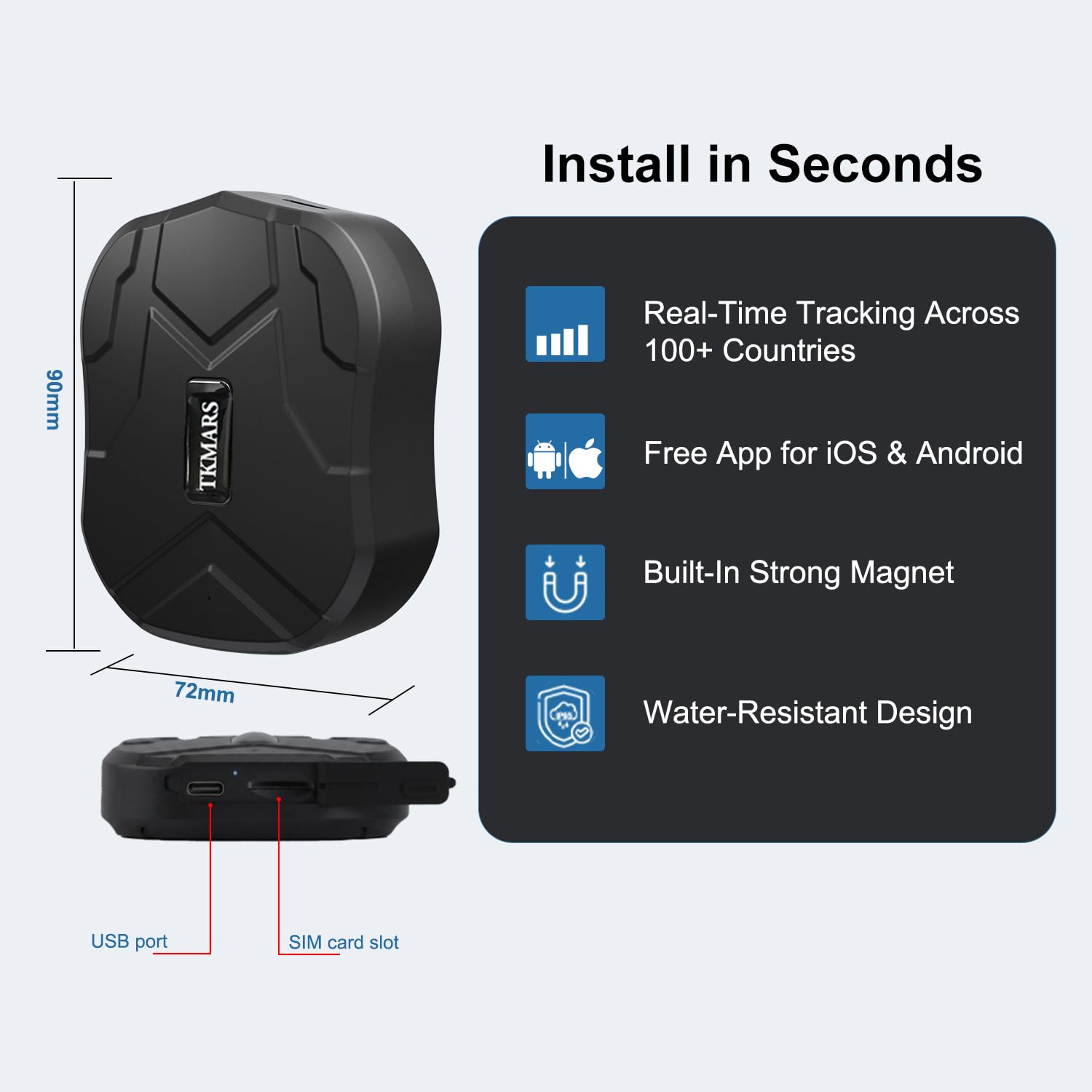 TKMARS Localizador GPS para Coche Sin Suscripción TK905 5000mAH Batería 90 Días de Espera Imán Antirrobo GPS Tracker con Seguimiento en Tiempo Real, Posicionamiento SMS, Rastreador con App Gratuita