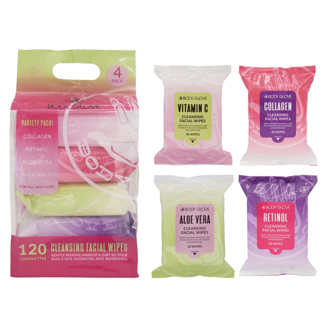 Body Glove 4 Pack Face Wipes for Women – Cleansing Makeup Remover Wipes with Collagen, Retinol, Aloe Vera, Vitamin C – 120 Pcs
