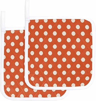 Pot Holder Set of 2 Lovely Polka Dots on Orange Potholder Heat Proof Non Slip Pot Holders, Wave Point Vintage Linen Hot Pads Potholders for Kitchen Cooking Baking BBQ