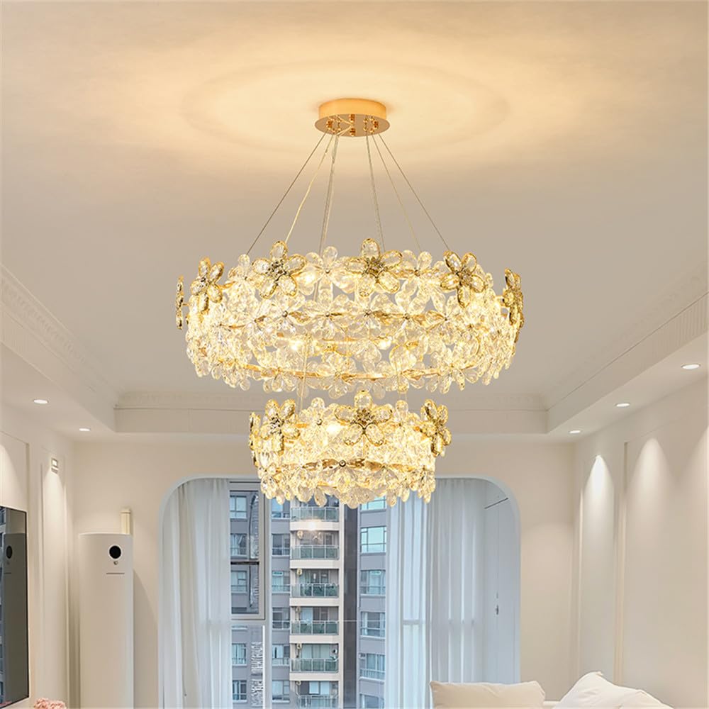 CSXSXAUO Modern Luxury Petal Crystal Pendent Lamp LED Fashion Art Living Room Restaurant Bar Counter Bedroom Villa Staircase Decoration Chandelier (B 2 Rings D80CM)
