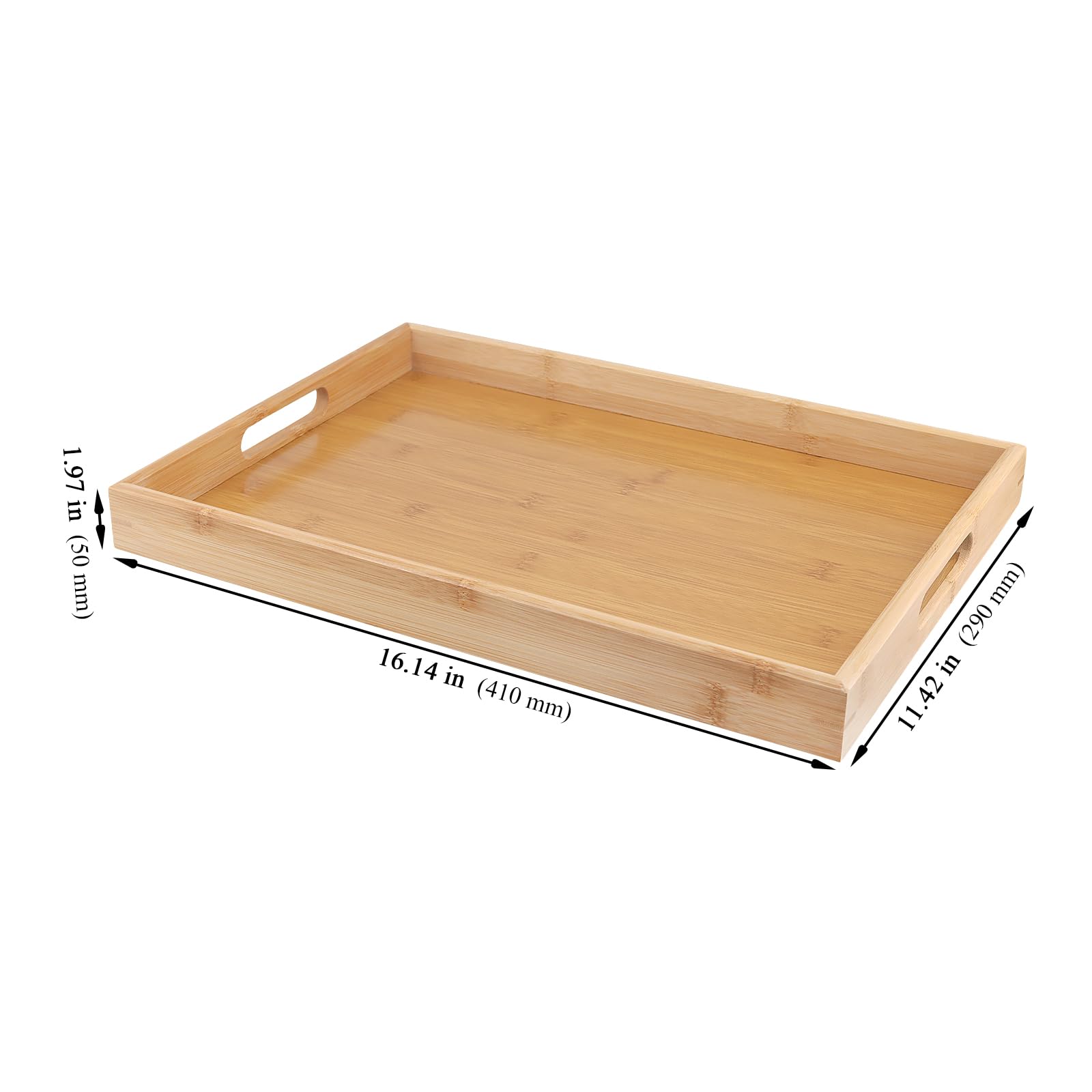 Lot de 3 plateaux de service rectangulaires en bambou avec poignées, 41 x 29 x 5 cm, plateaux de service en bois pour le thé, le café, manger des aliments