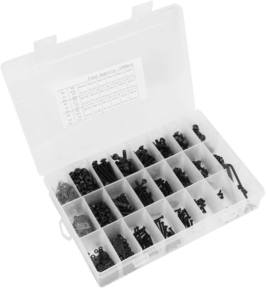 Hex Screw Nut Assortment Kit, 1080Pcs M2 M3 M4 Black Carbon Steel Semi Circular Head Hex Screw Nut Bolts Flat Washer Wrench Combination Set