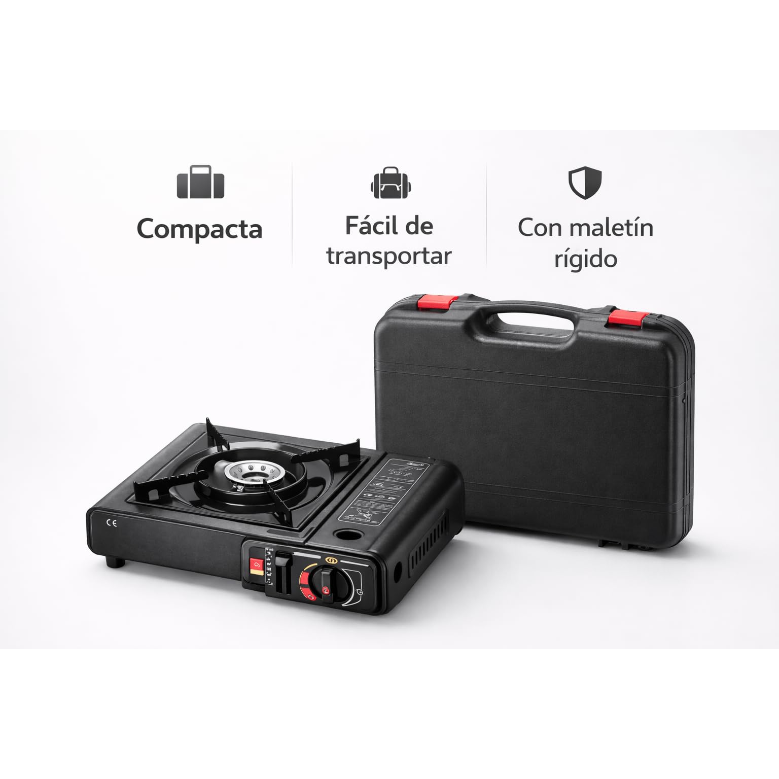 Cocina de gas portátil de 1 fuego con maletín, hornillo camping gas dual para cartucho 227 g o botella externa, encendido piezoeléctrico, potencia regulable, cocina compacta para camping