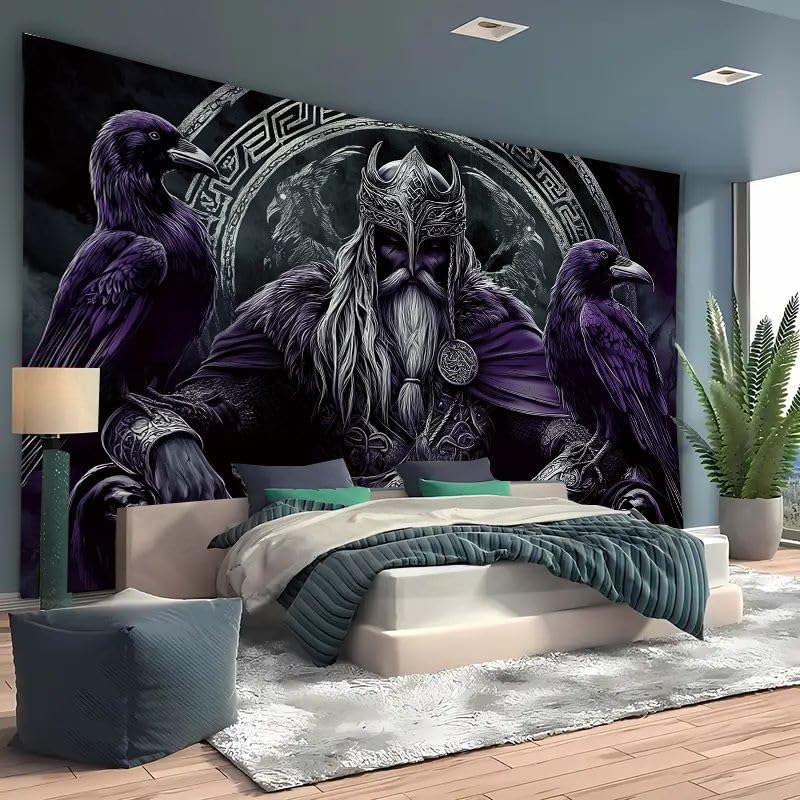 FENDROM Nordischer Wikinger-Tapisserie, Odin, Krieger, Schwert, Axt, Rabe, Wandteppich, quadratischer Knoten, Tattoo, Wandbehang, nordische Meditation, Runen für Herren, Schlafzimmer, ästhetisch,