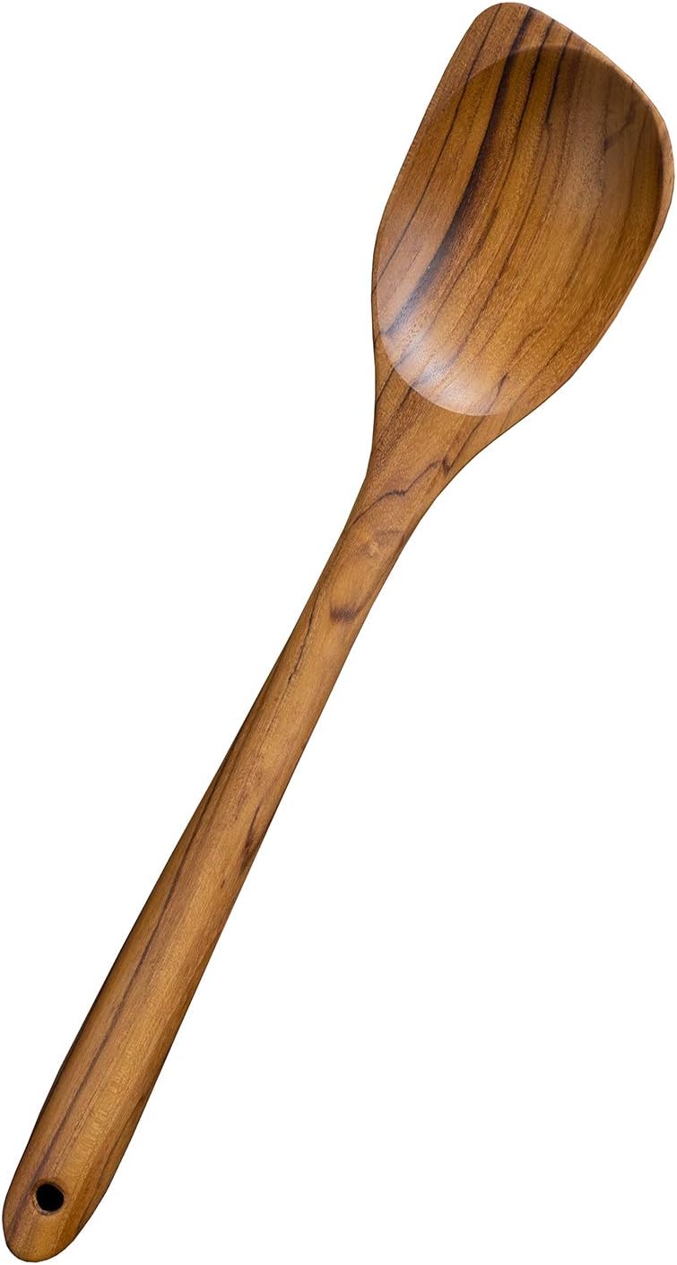 FAAY 13.5" Corner Spoon, LEFT Hand Scraper, Wooden Spoons for Cooking Handcraft from High Moist Resistance Golden Teak Wood | Durable, Healthy, Ergonomic Handle for Non Stick Cookware