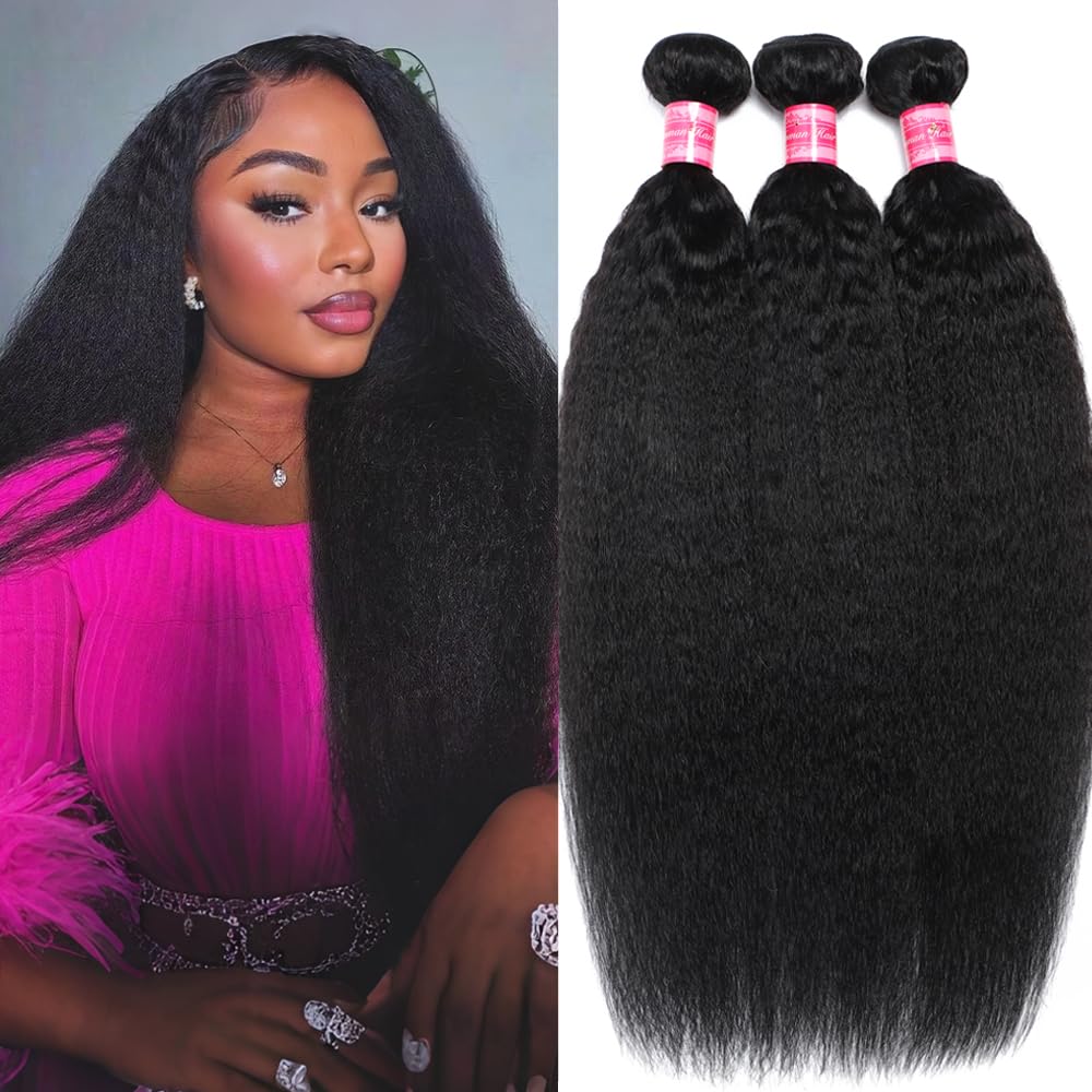 Kinky Straight Bundles with Closure (14 16 18+12) 100% Unprocessed Yaki Straight 3 Bundles with 2x6 Lace Closure Sew in Natural Color for Black Women