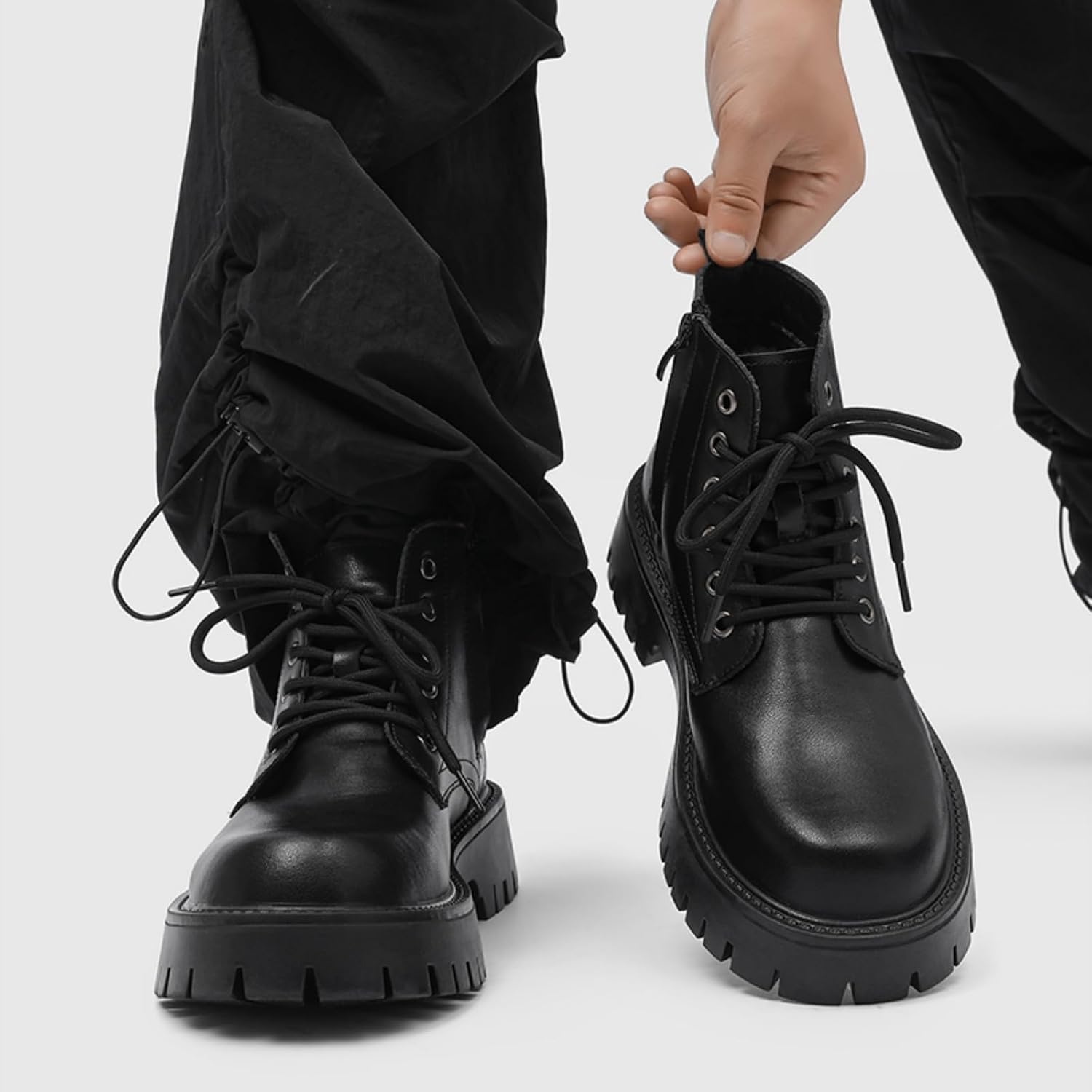 Men's Black Leather Combat Boots, Stylish Lace - Up & Zipper Ankle Boots with Chunky Sole for Casual & Outdoor Wear