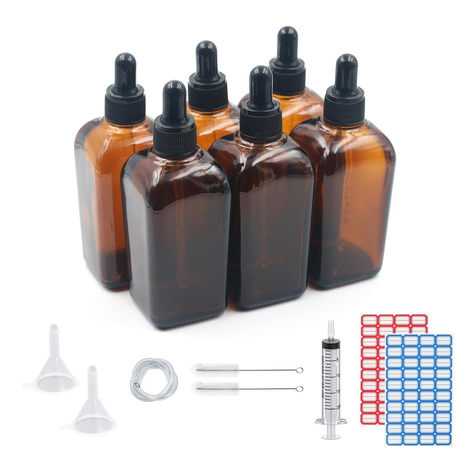 6-Pack 100ml Bernsteinfarbene Glas-Tropfflaschen mit Pipetten für ätherische Öle, DIY & Aromatherapie