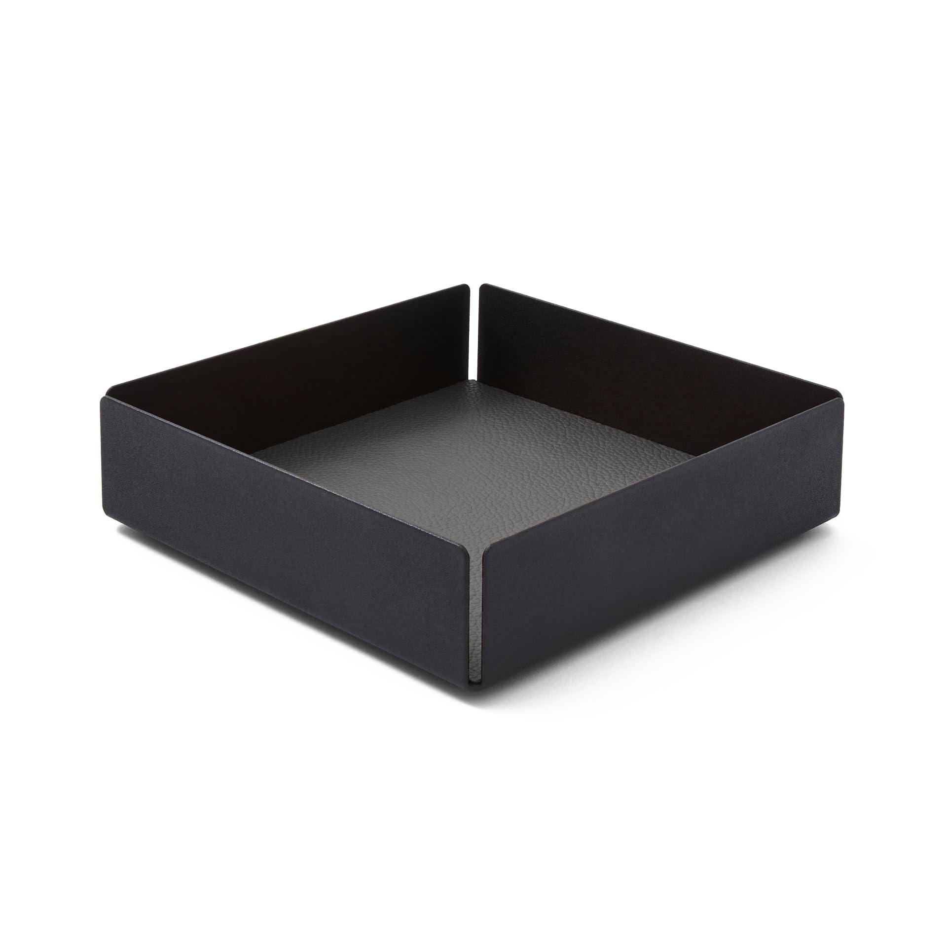 Eglooh - Dafne - Svuotatasche Design Moderno Acciaio Nero Opaco - Fondo Interno in Vera Pelle Grigio Antracite - Organizer Scrivania, Vassoio Portaoggetti - cm 14,5 x 14,5 x H.4 - Made in Italy