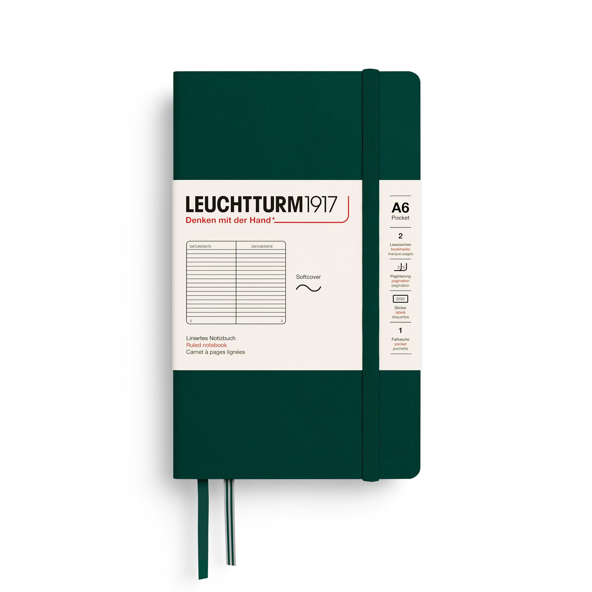 LEUCHTTURM1917 - Notebook Softcover Pocket A6-123 Numbered Pages for Writing and Journaling (Forest Green, Ruled)
