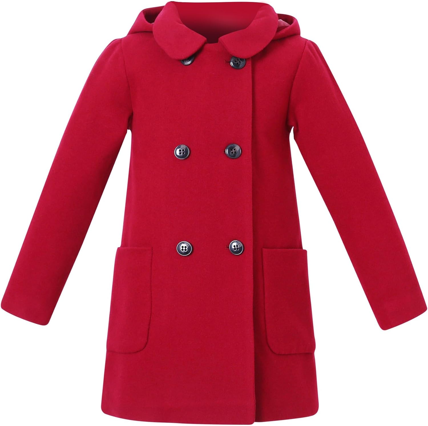 Girls Wool Trench Coat Double Breasted Buttons Overcoat with Hood for Daily Christmas