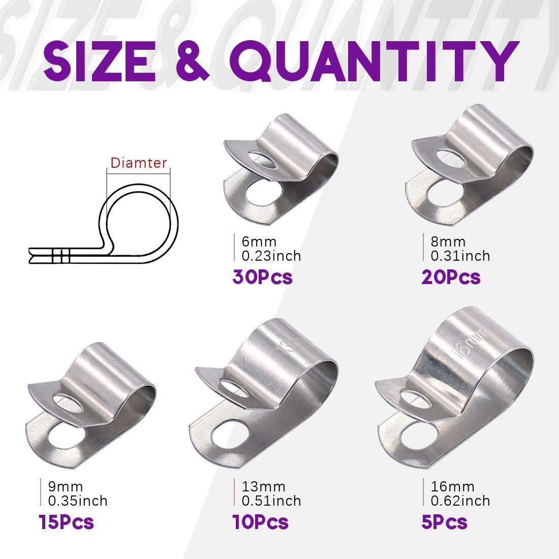 Swpeet 80Pcs 304 Stainless Steel 6mm-16mm Vinyl Cable Coated Clamps Assortment Kit, Without Rubber Cushioned Insulated Clamp, Metal Clamp, Tube Holder for Tube, Pipe or Wire Cord Installation