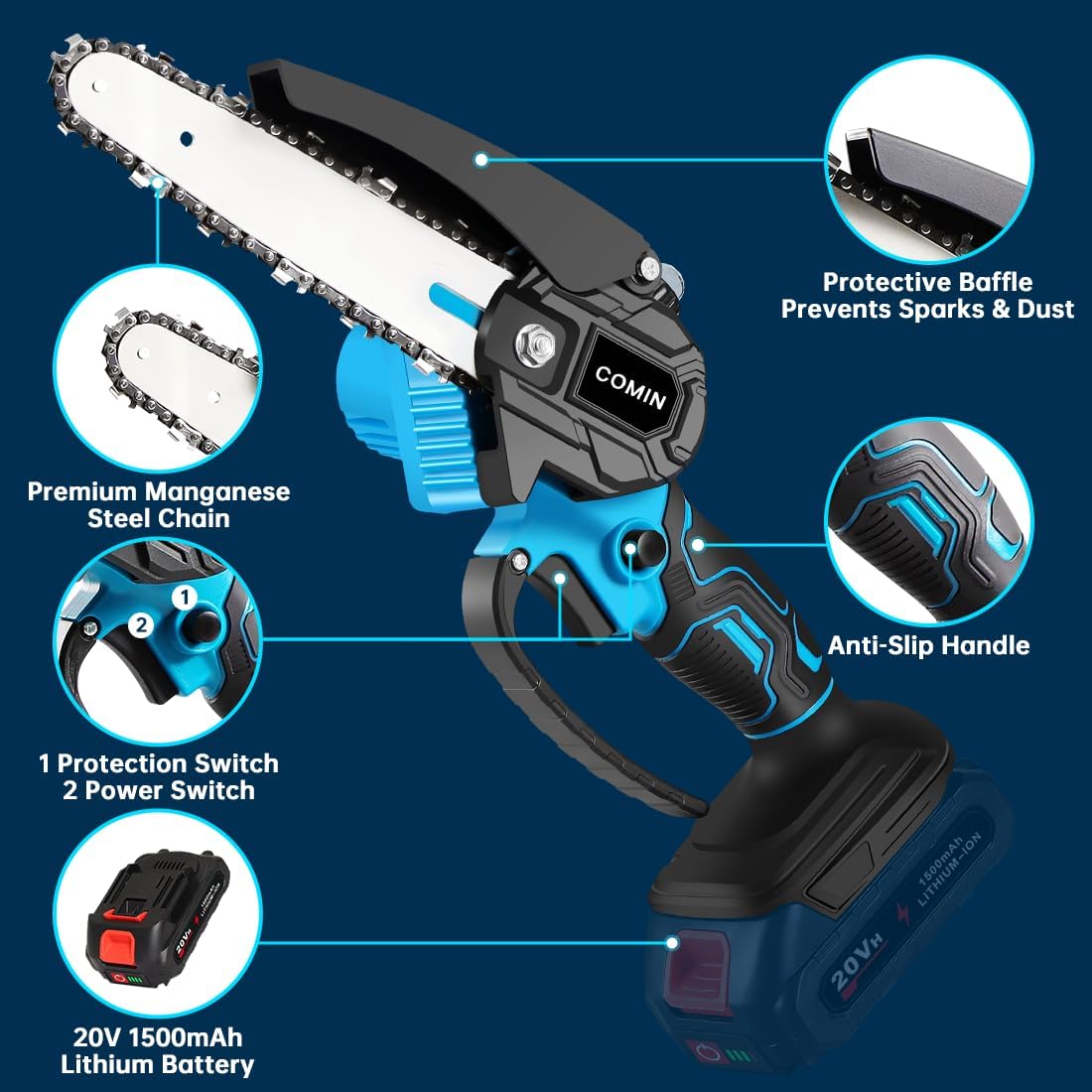 COMIN Mini Chainsaw Cordless 6-Inch, 2 x 1.5Ah Batteries & Auto Oiler Small Chain saw, Electric Handheld Chainsaw for Wood Cutting, Tree Trimming, Gardening