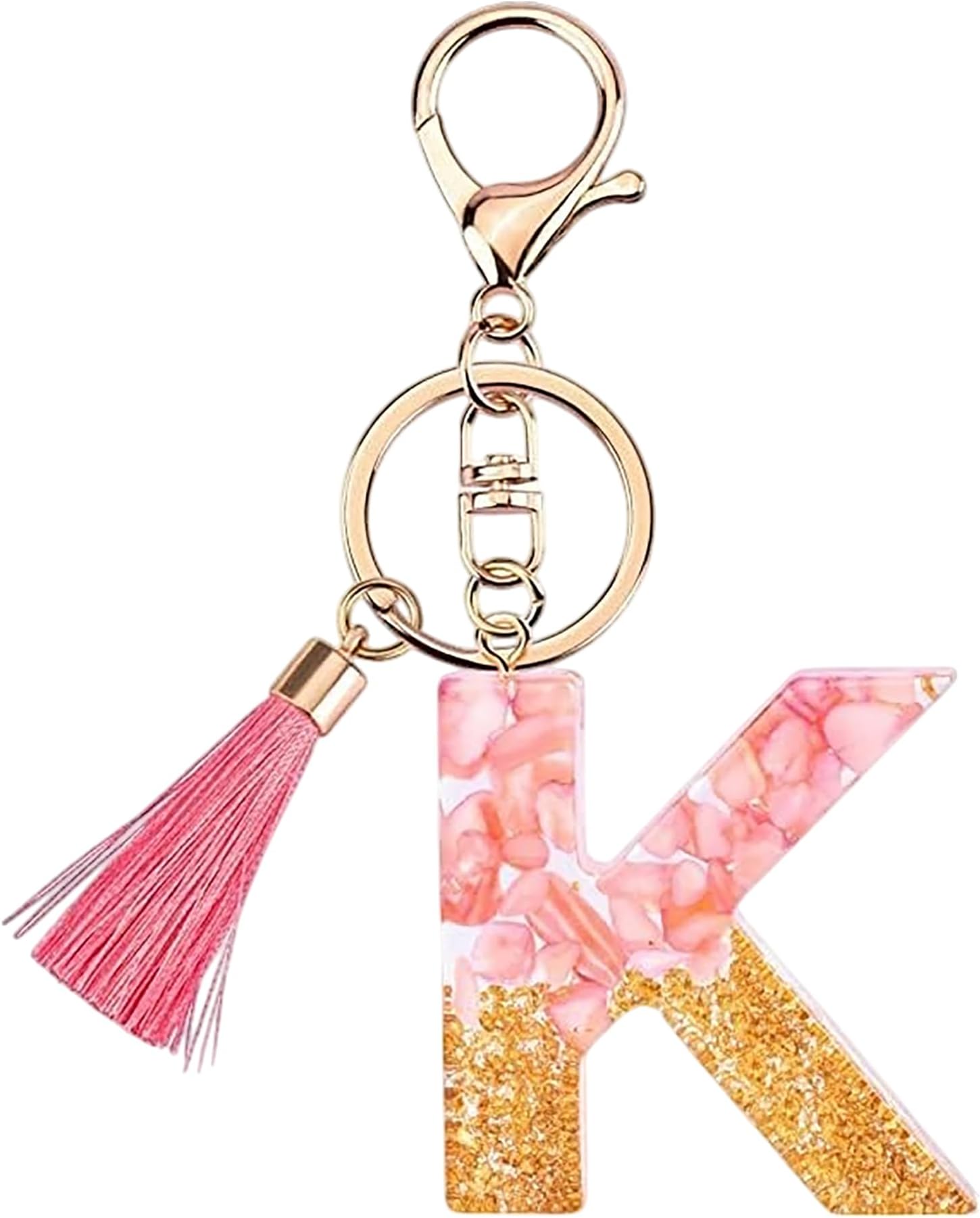 Pink and Gold Resin Alphabet Initial Letter Keychain, Bag Charm, Key Ring with Lobster Clasp