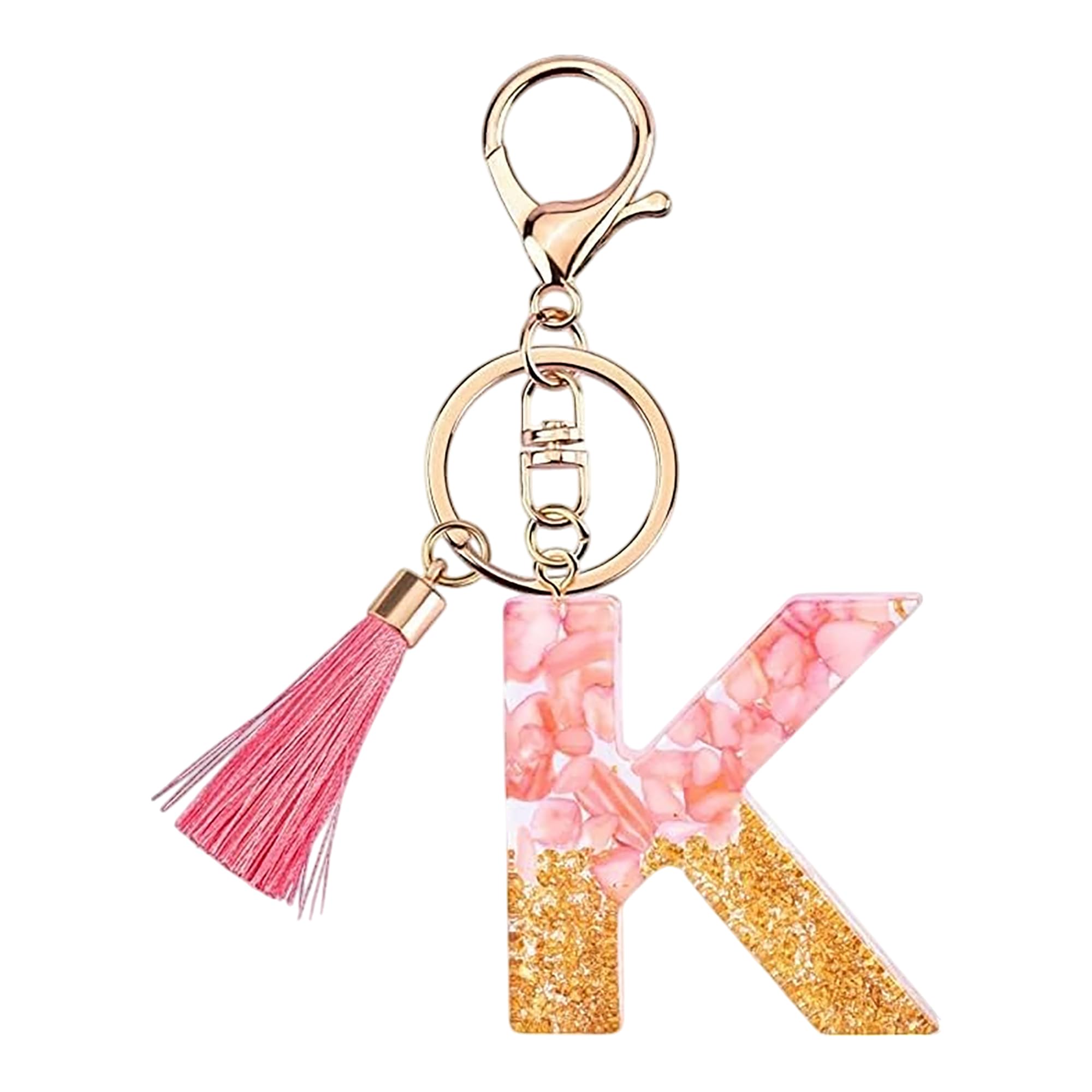 Rohans Pink and Gold Resin Alphabet Initial Letter Keychain, Bag Charm, Key Ring with Lobster Clasp (K)