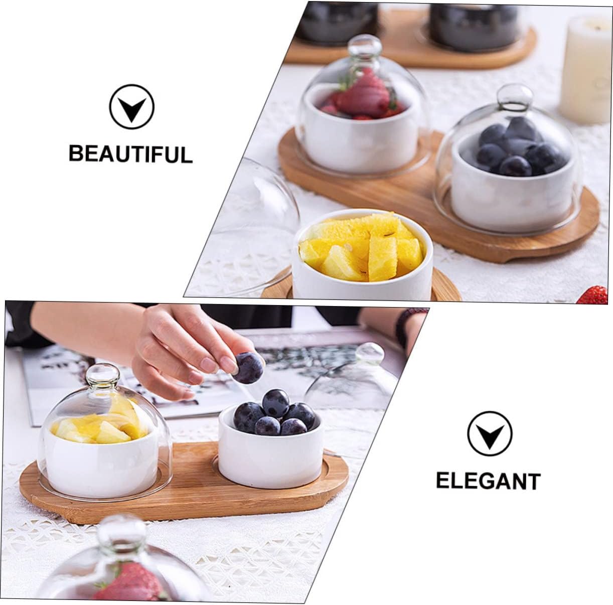 VICASKY Dessert Bowl with Transparent Glass Lid and Tray Porcelain Food Serving Bowl for Salad and Fruit Chic Tableware for Parties and Gifts