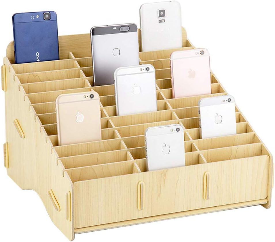 36-Grid Wooden Desk Organizer Storage Box Desktop Supplies for Cell Phones Holder in Classroom (Maple)
