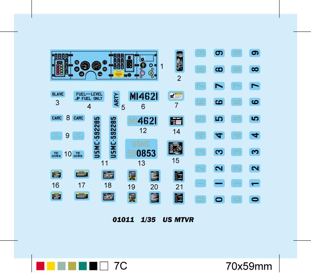 Decal sheet for the US MK23 MTVR model kit, showing various markings and numbers