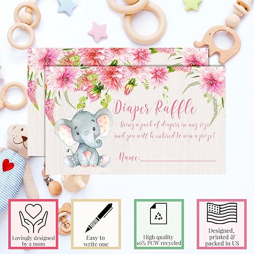 Miniatura 4 de Acuarela Dahlia Floral Elefante Temático Boletos de la rifa para niña Baby Showers, 20 tarjetas de inserción de doble cara para juegos de