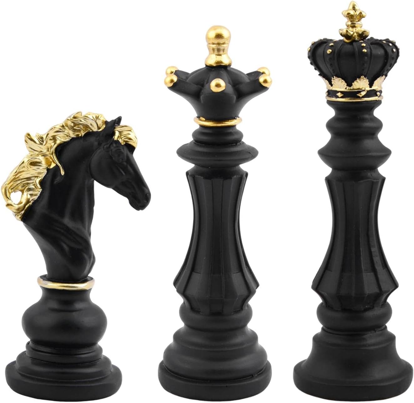 EMVANV 3pcs Small Chess Statue Decor Set, Resin Figurine Chess Piece King + Queen + Knight Set for Office, Home, Study (Black)